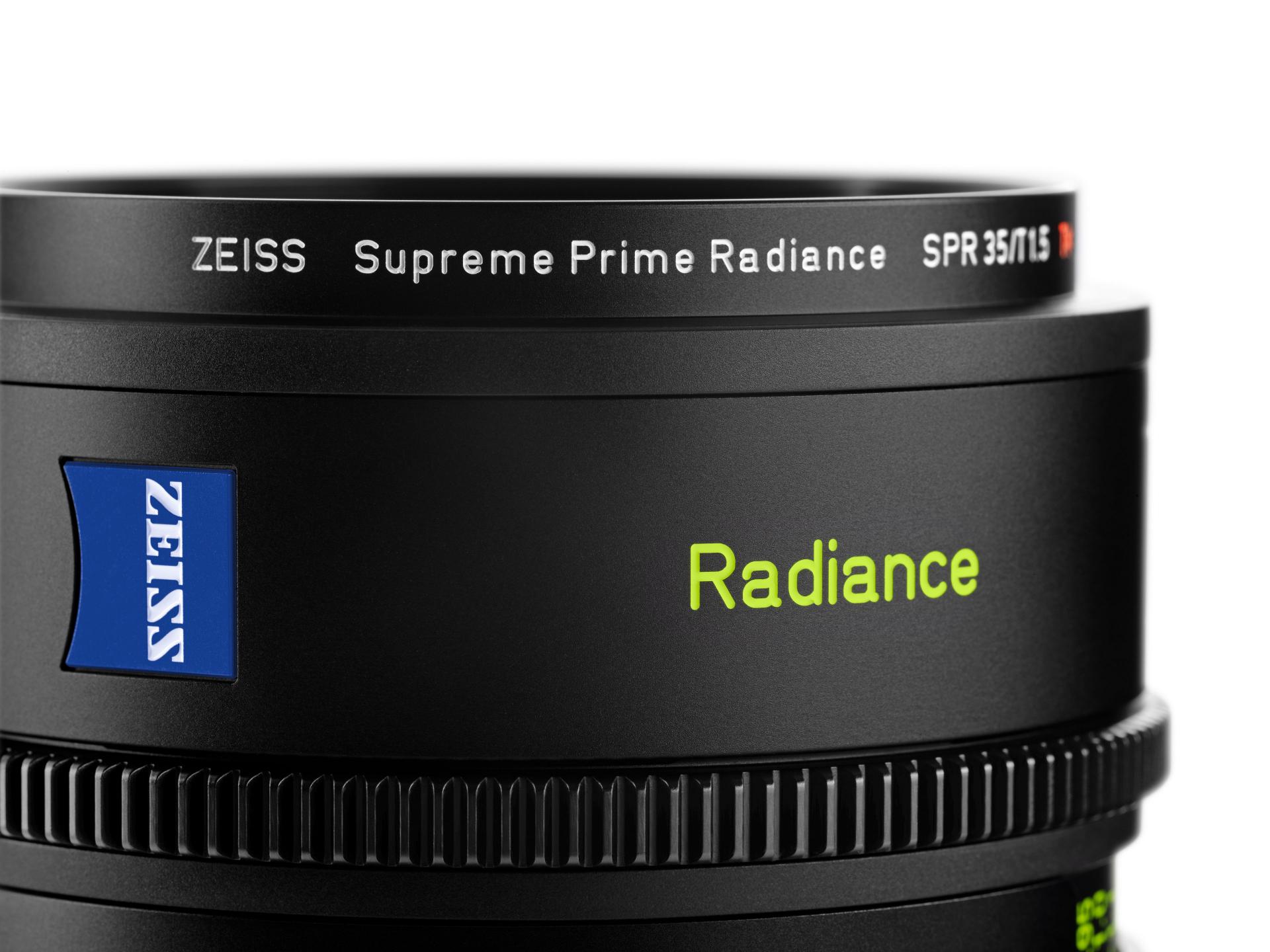 Close-up view of a ZEISS Supreme Prime Radiance SPR 35/T1.5 camera lens with ZEISS branding and detailed lens markings.