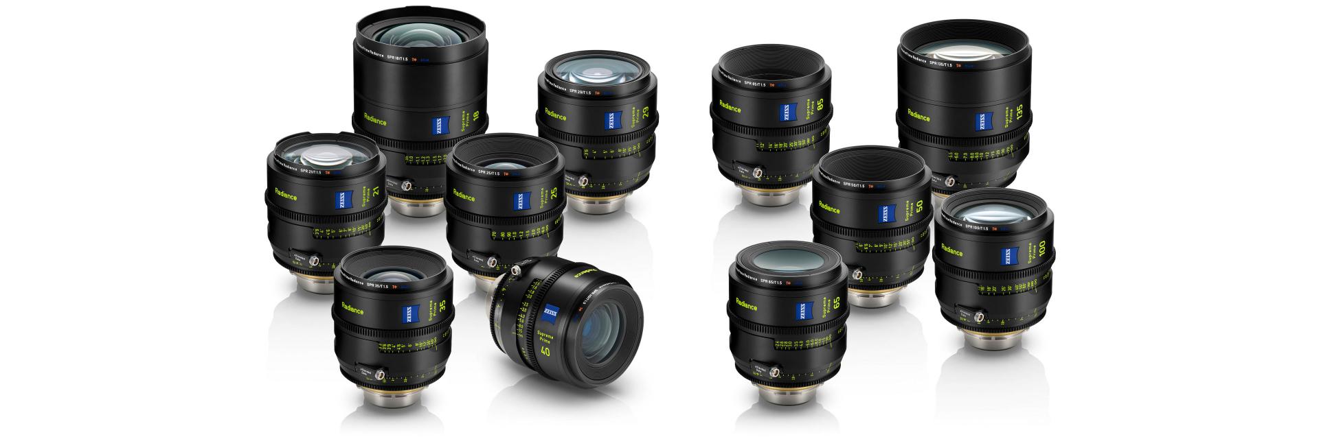 A collection of eleven professional ZEISS camera lenses arranged in rows on a white background.