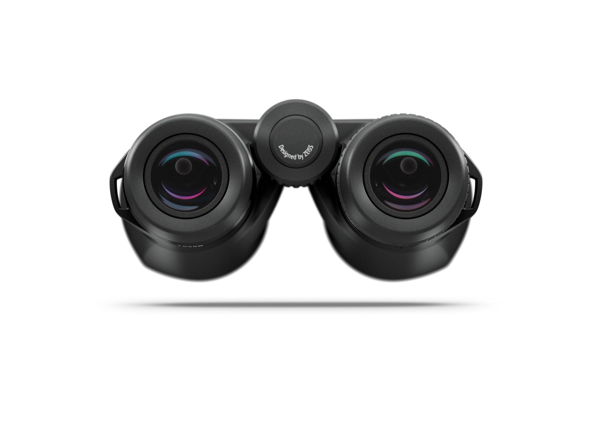 Front view of a pair of black ZEISS binoculars with multicoated objective lenses and central focusing wheel.