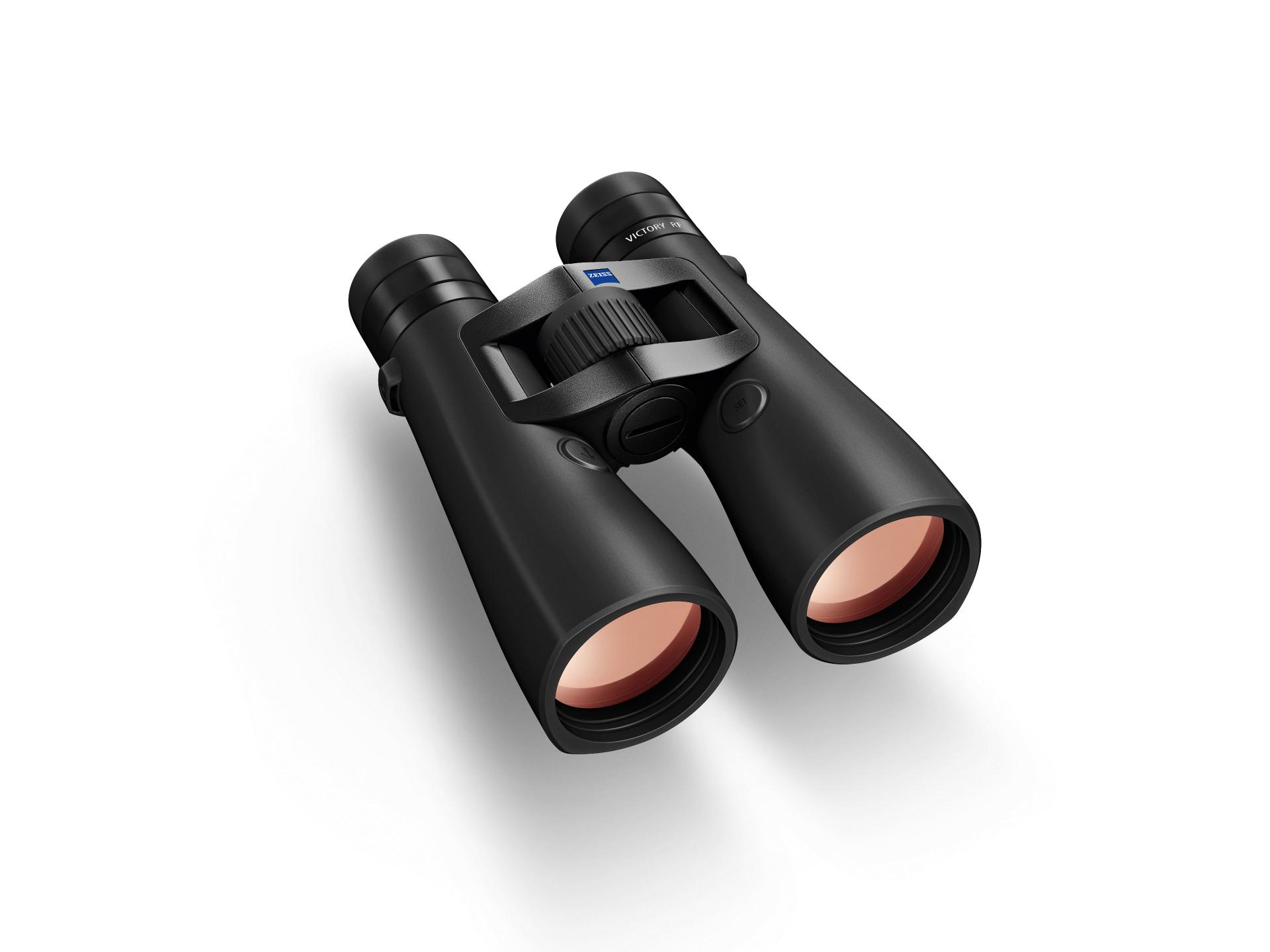 Black ZEISS binoculars with a sleek matte finish and reddish-orange lens coatings, shown on a white background.