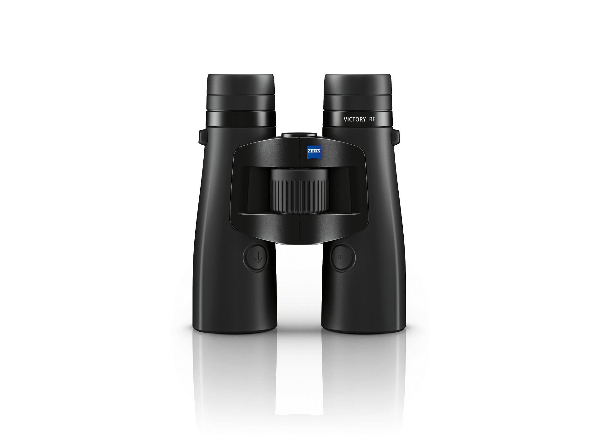 Black ZEISS binoculars with a central focusing wheel and the ZEISS logo on the bridge, standing upright on a white background.