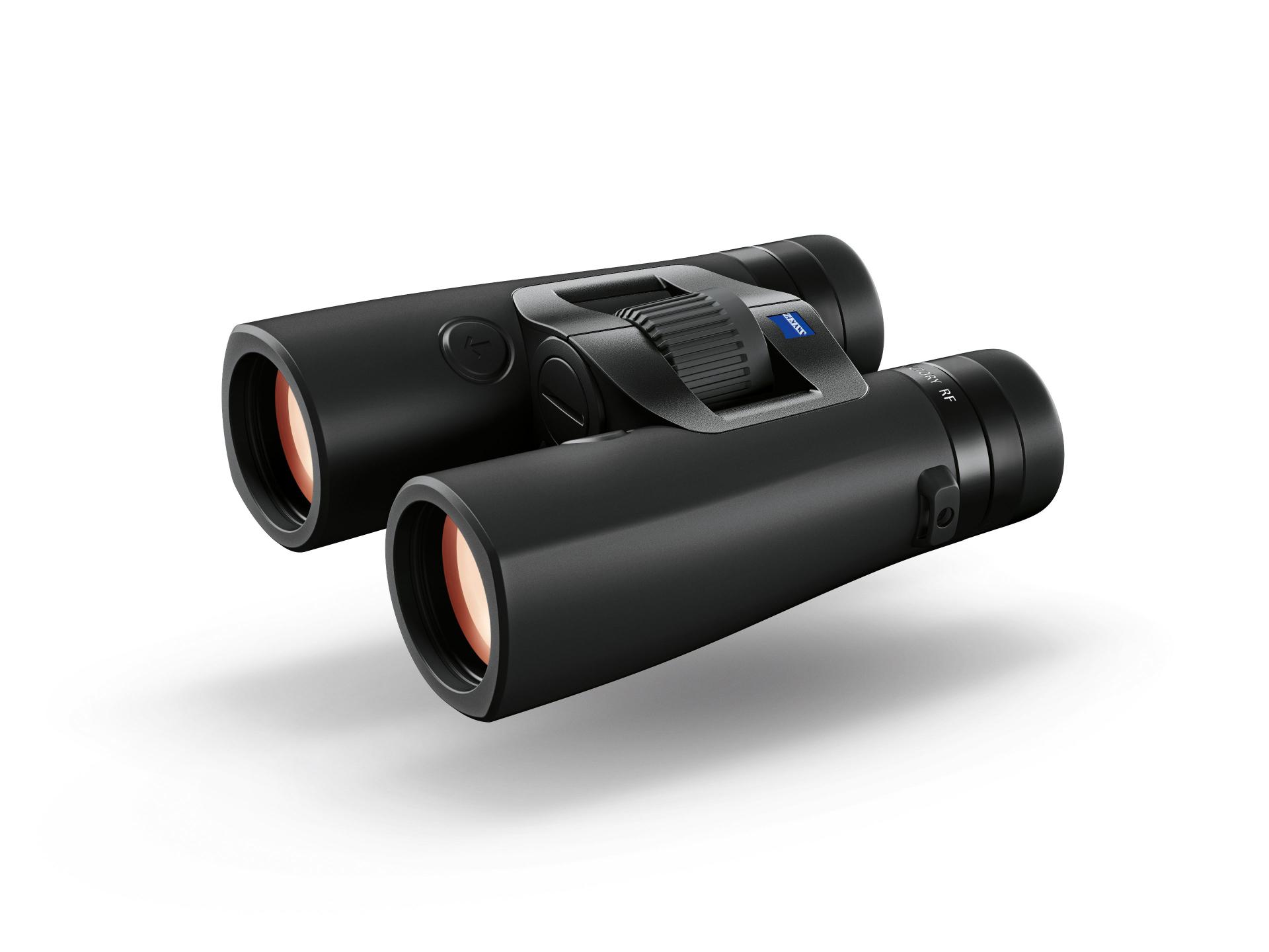 Black ZEISS binoculars with a sleek, modern design and blue ZEISS logo on the hinge, shown at an angle on a white background.