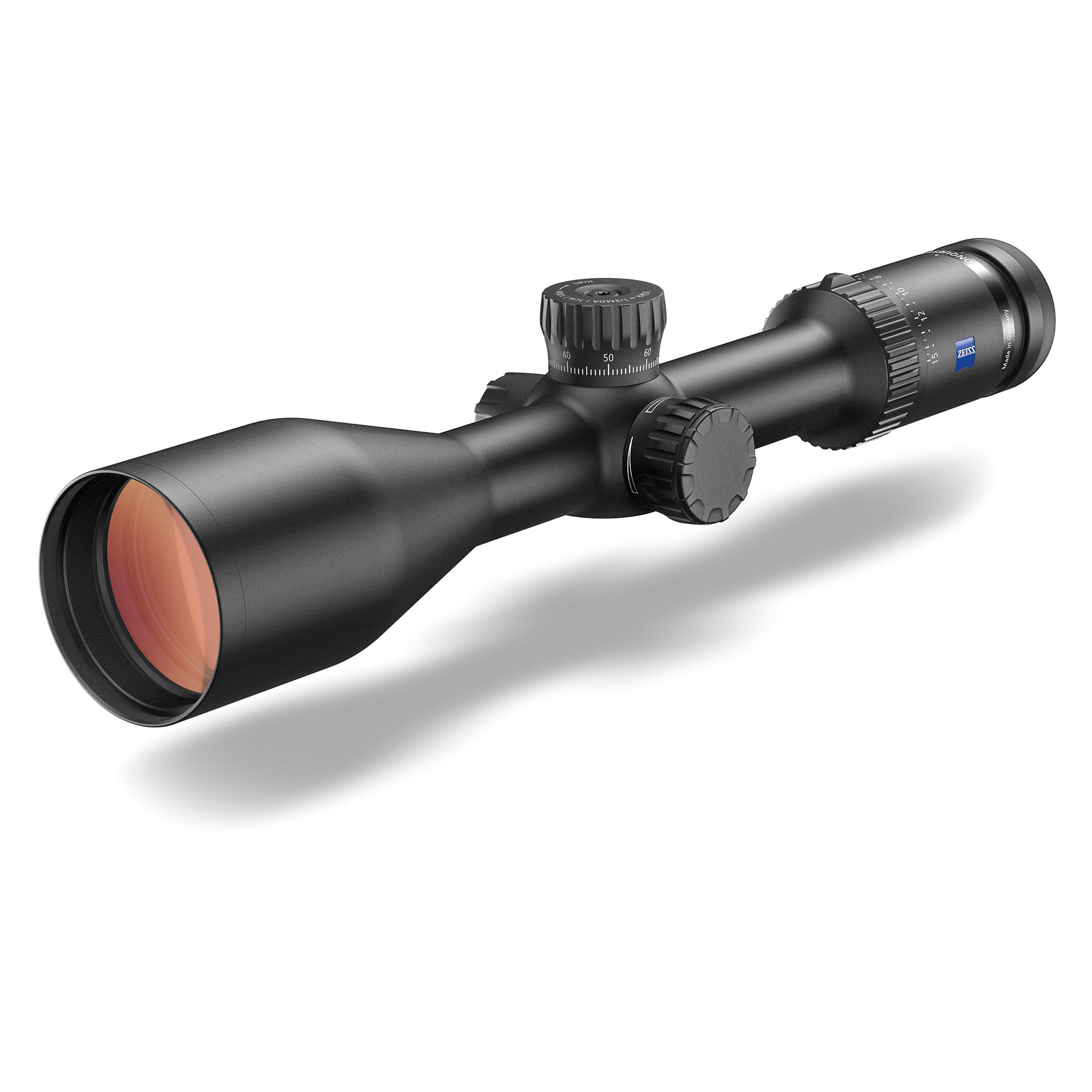 ZEISS Conquest V6 2.5–15x56 riflescope with high light transmission and large objective lens for low-light conditions.