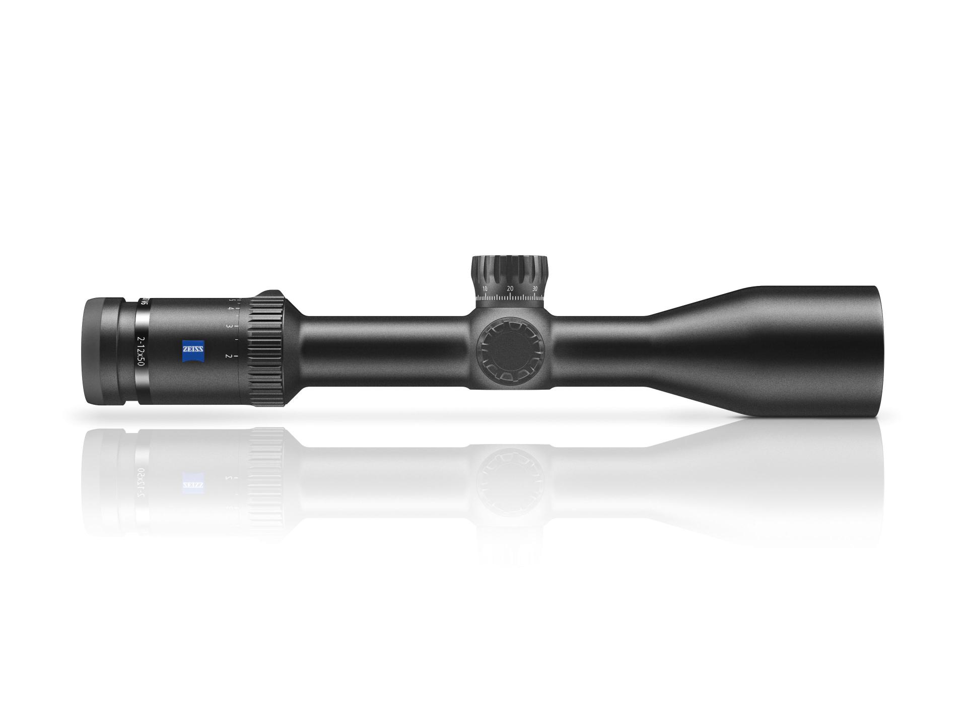 Side profile of the ZEISS riflescope showing magnification ring, adjustment turret, and large objective lens.