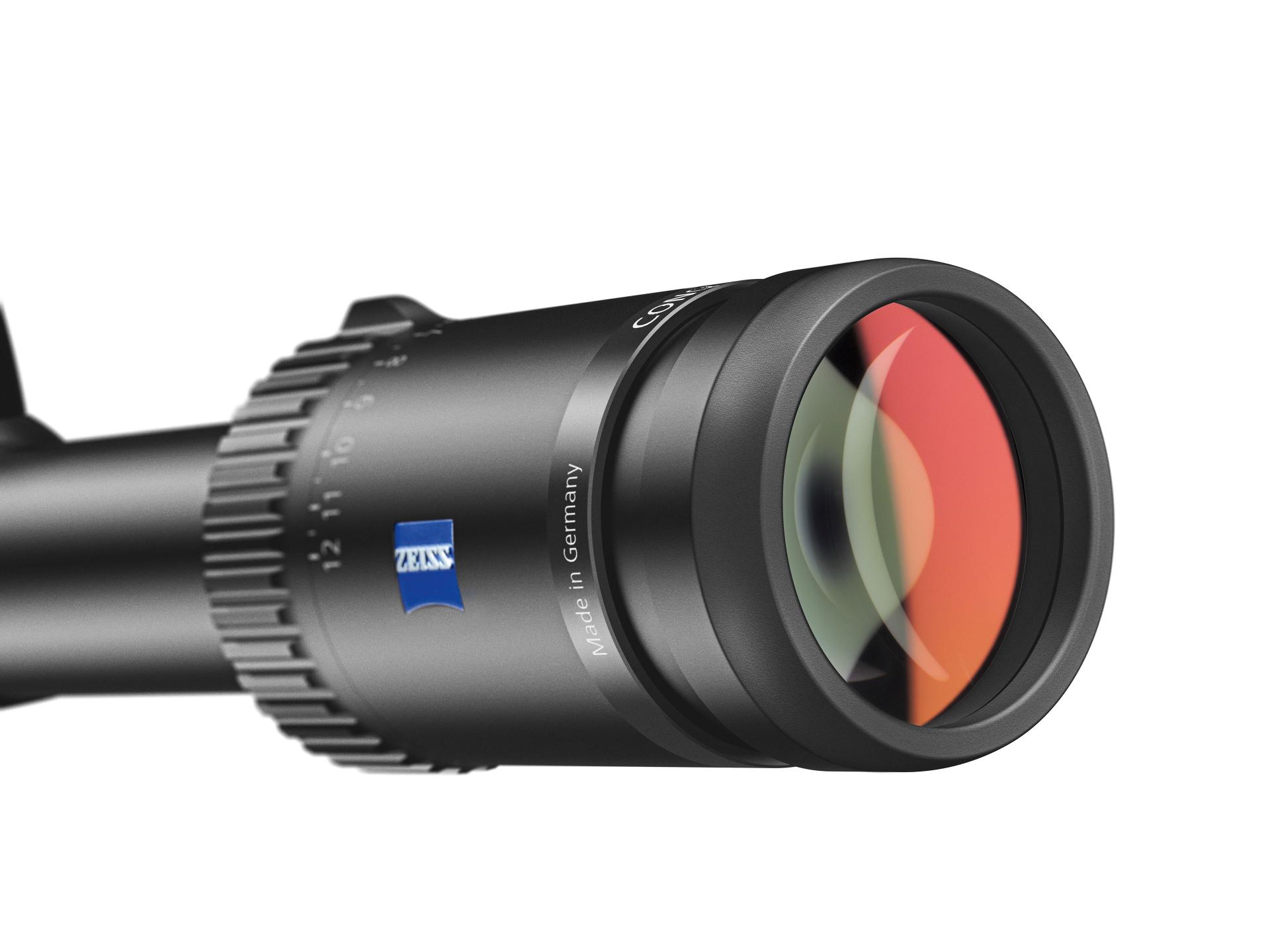 Close-up of the ZEISS riflescope eyepiece with red-coated lens and engraved “Made in Germany.”