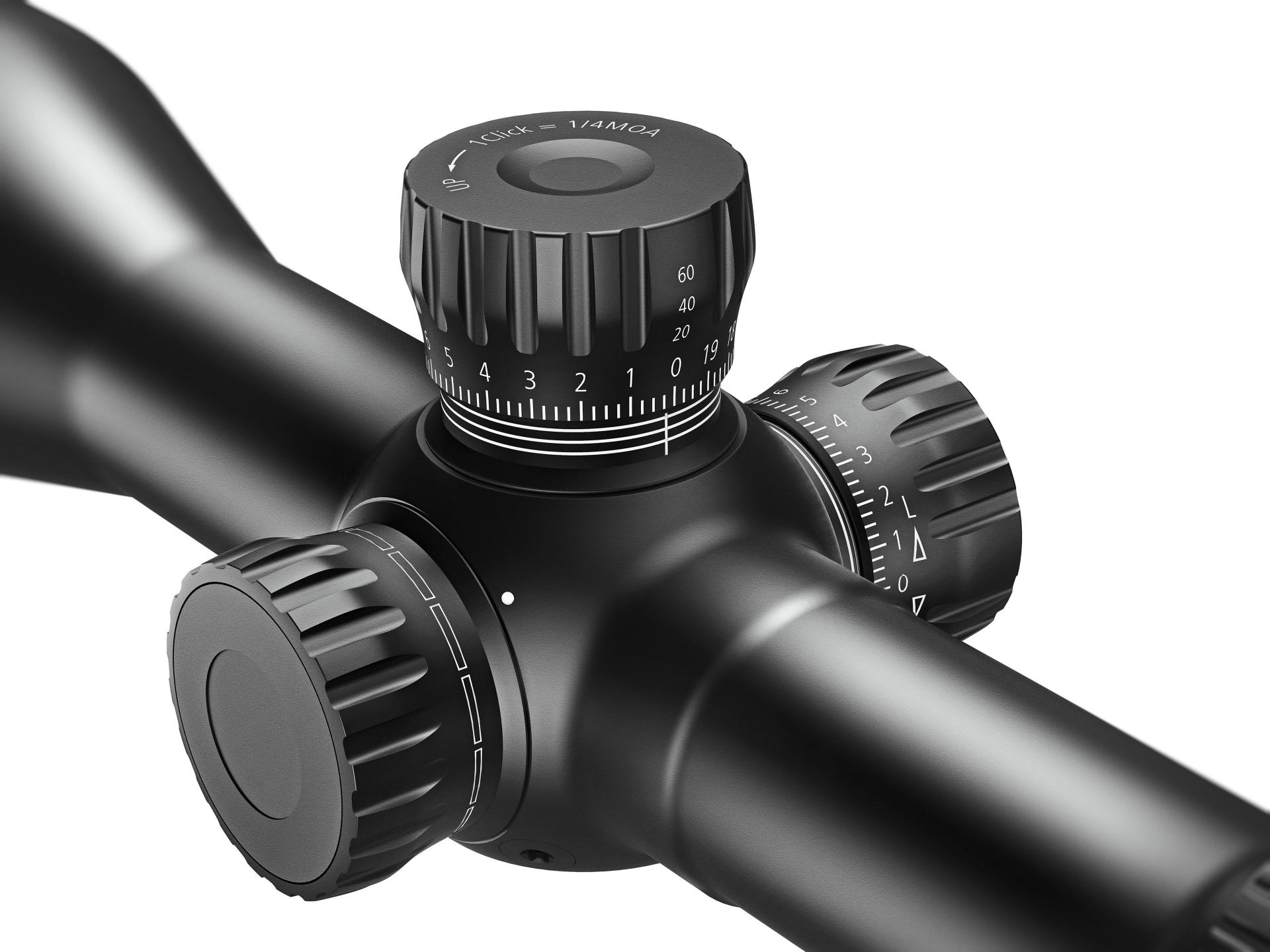 Close-up of ZEISS riflescope adjustment turrets with detailed elevation and windage markings.
