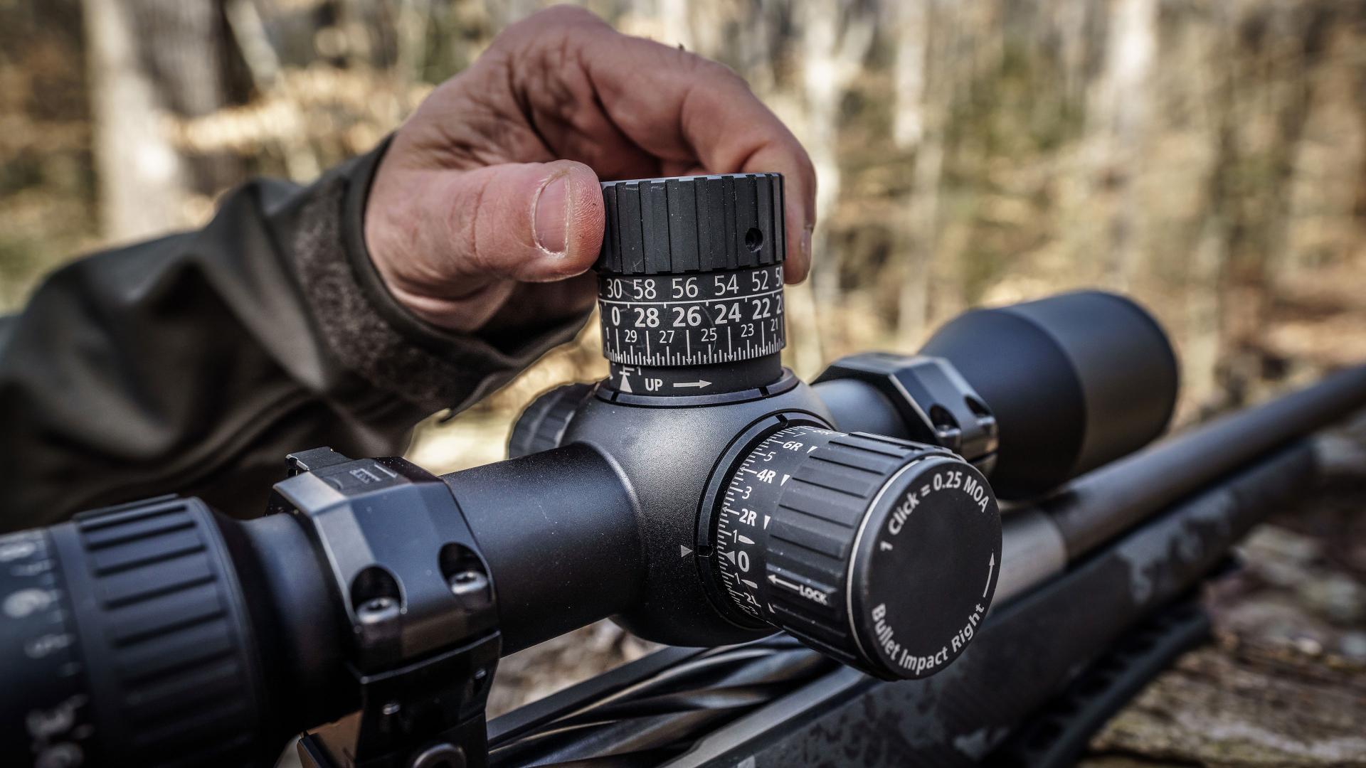 Close-up of ZEISS LRP S5 elevation turret, showcasing best-in-class adjustment travel for extreme long-range shooting