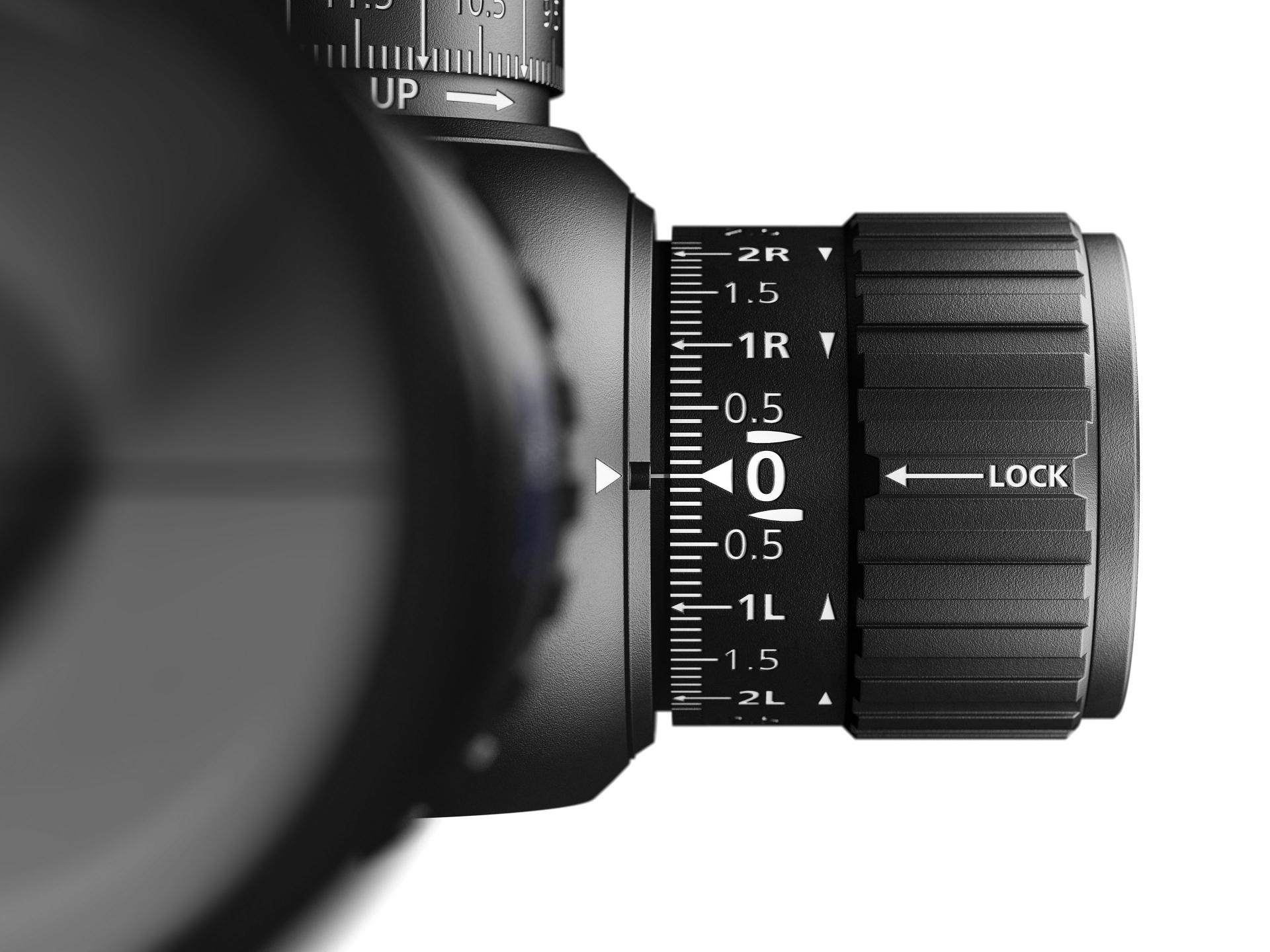 Close-up of ZEISS LRP S5 riflescope windage adjustment turret with lock function and clear scale markings