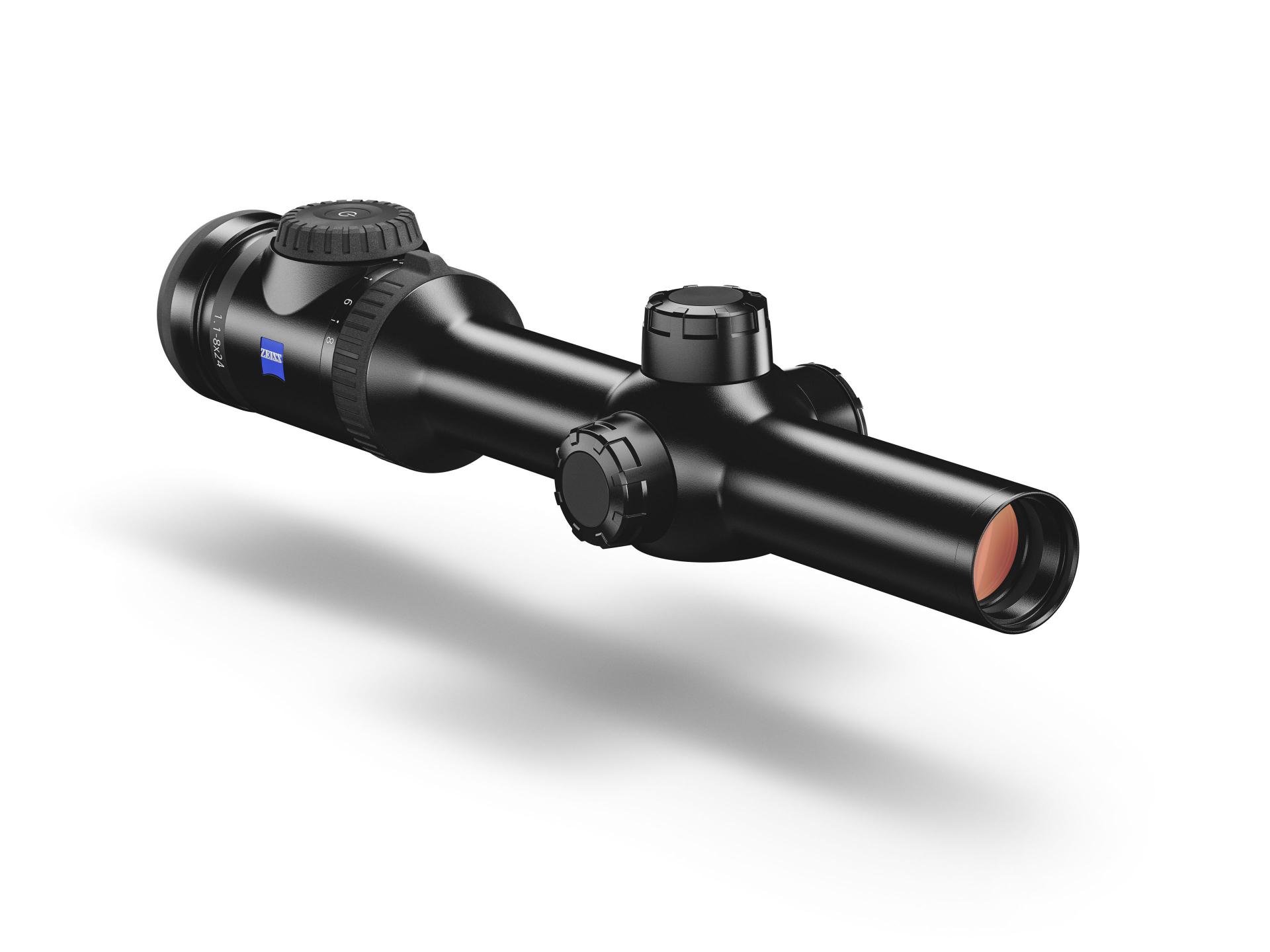 Angled view of the ZEISS riflescope compact model showing adjustment turrets and red-coated objective lens.