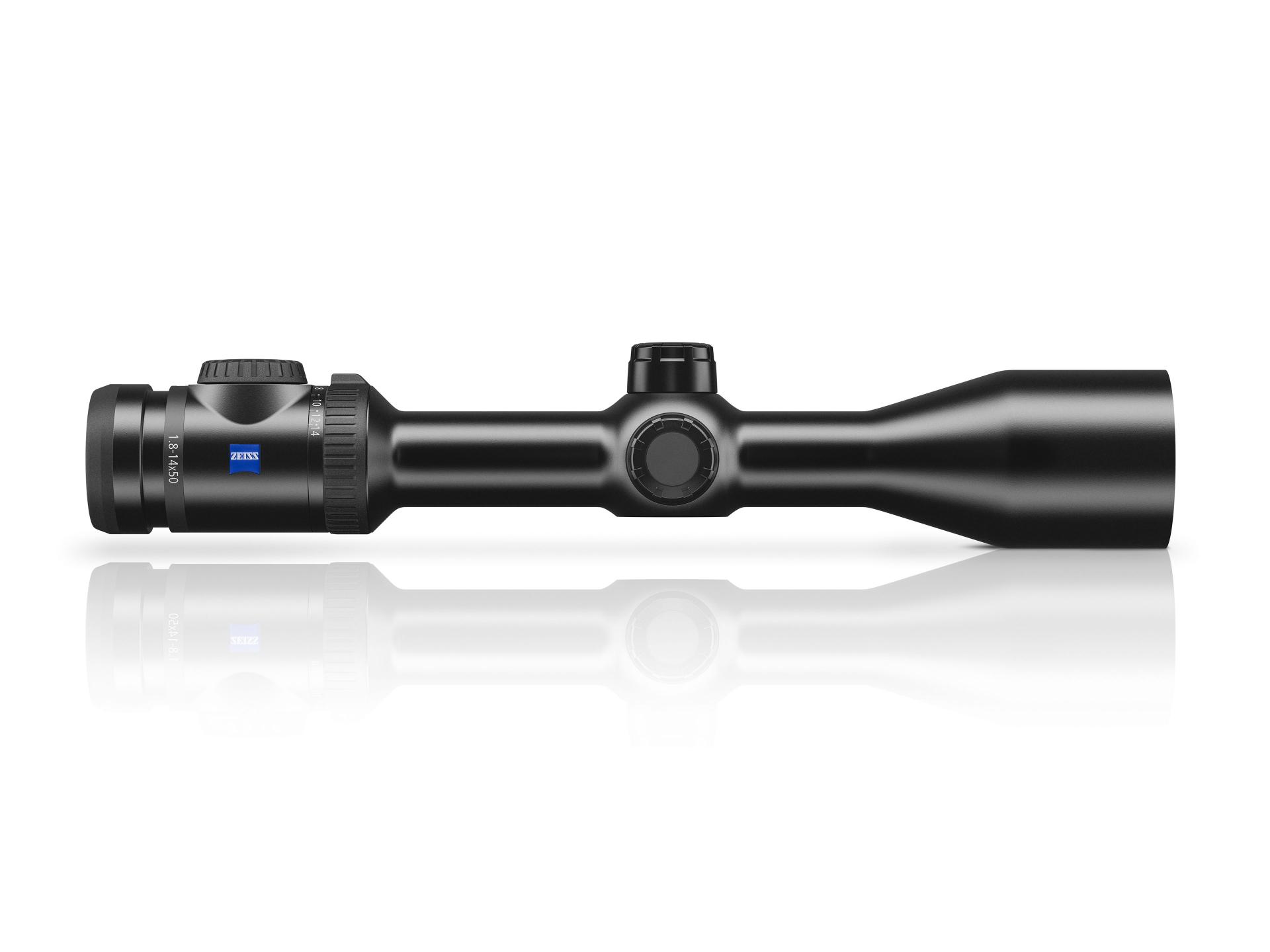 Side profile of the ZEISS riflescope compact model with magnification markings and sleek black design.
