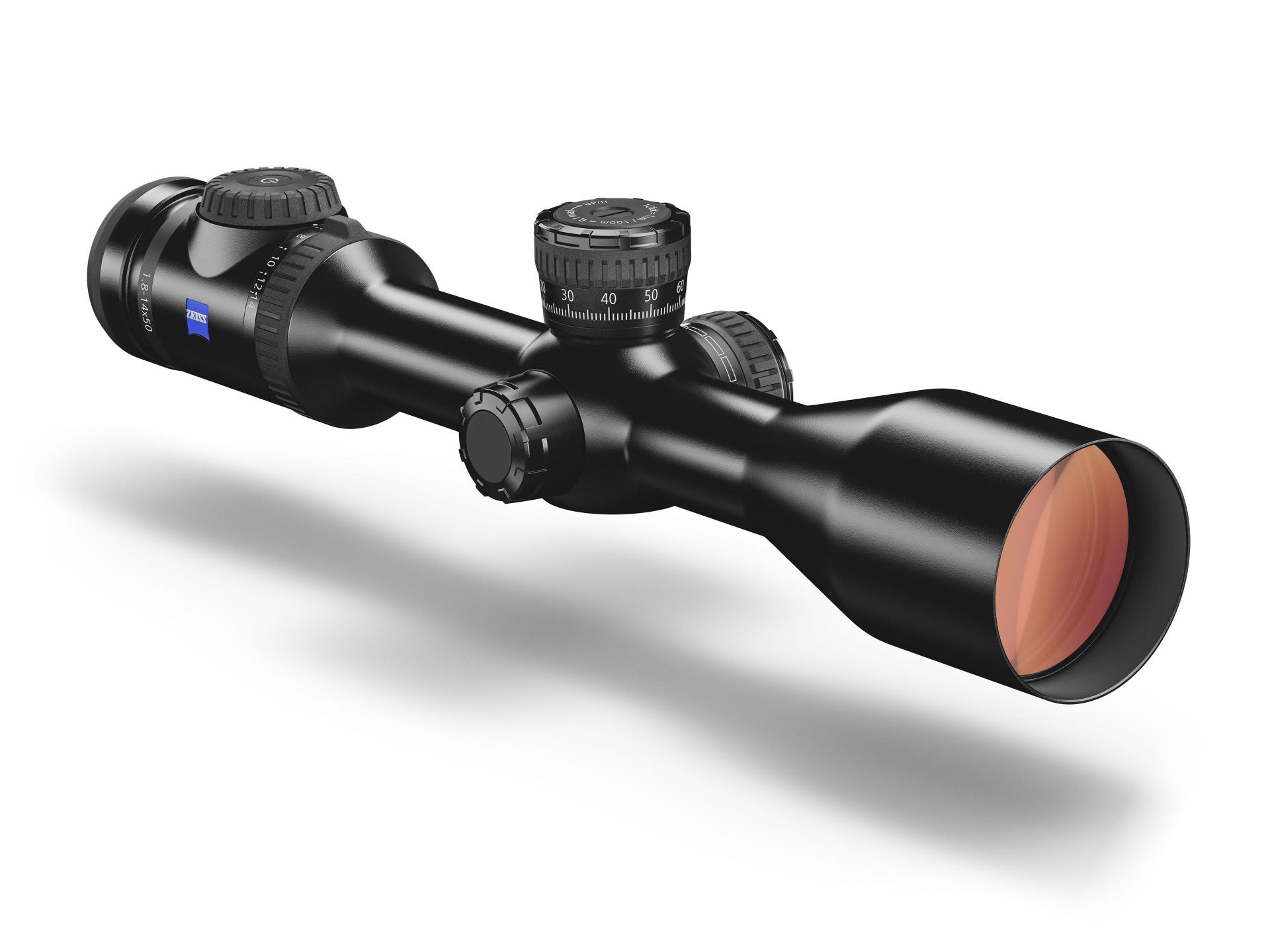 Angled view of the ZEISS riflescope long-range model with precision adjustment turret and large objective lens.