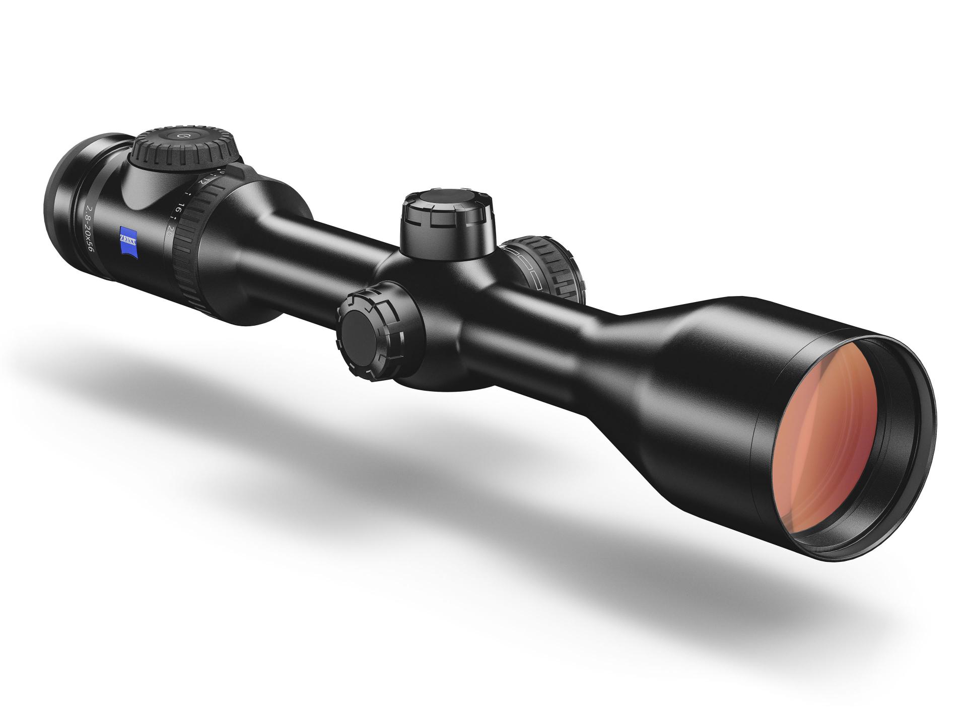 Angled view of the ZEISS riflescope long-range model with precision adjustment turret and large objective lens.