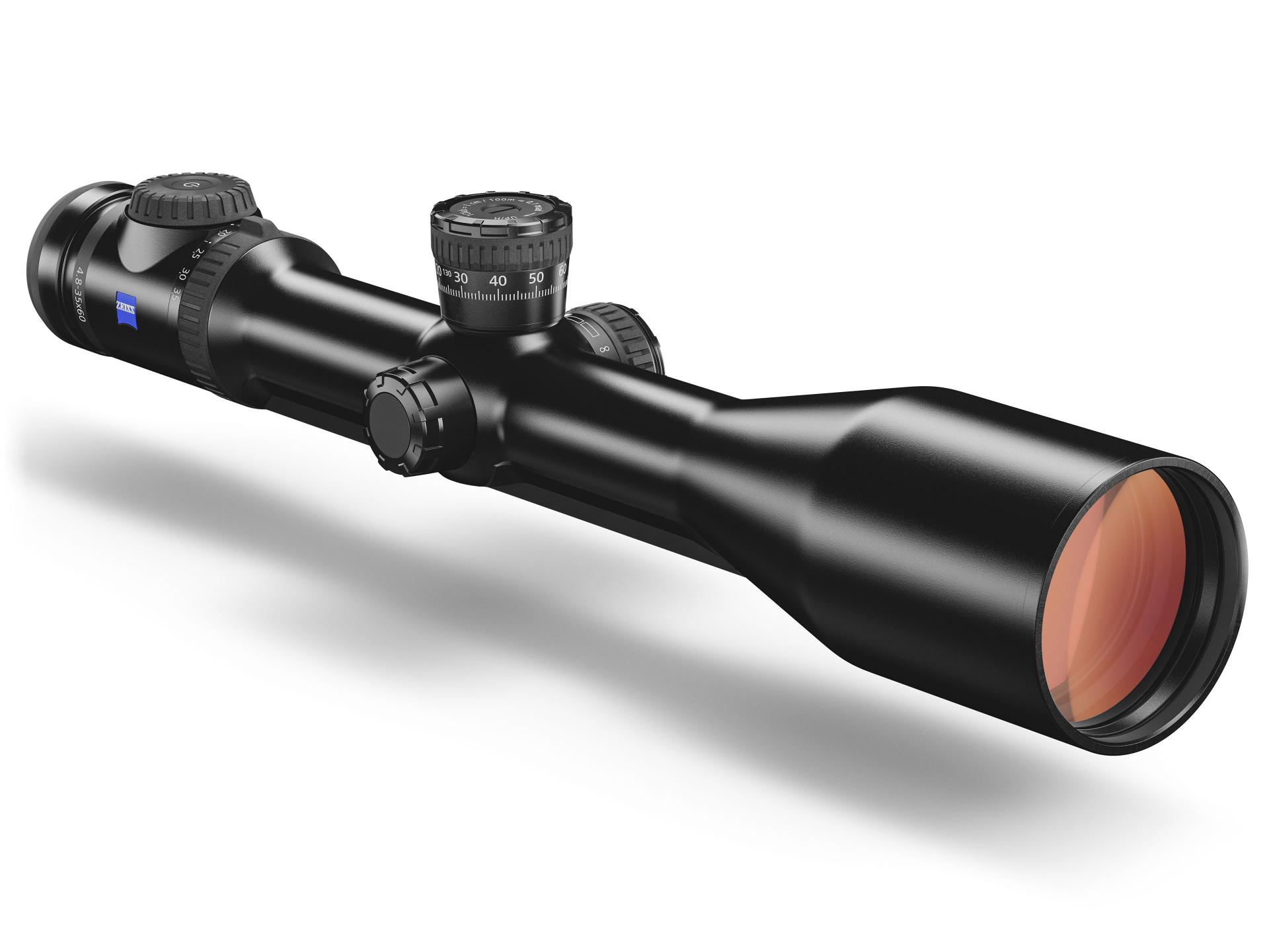 Angled perspective of the ZEISS riflescope long-range model highlighting illuminated objective lens and adjustment dials.