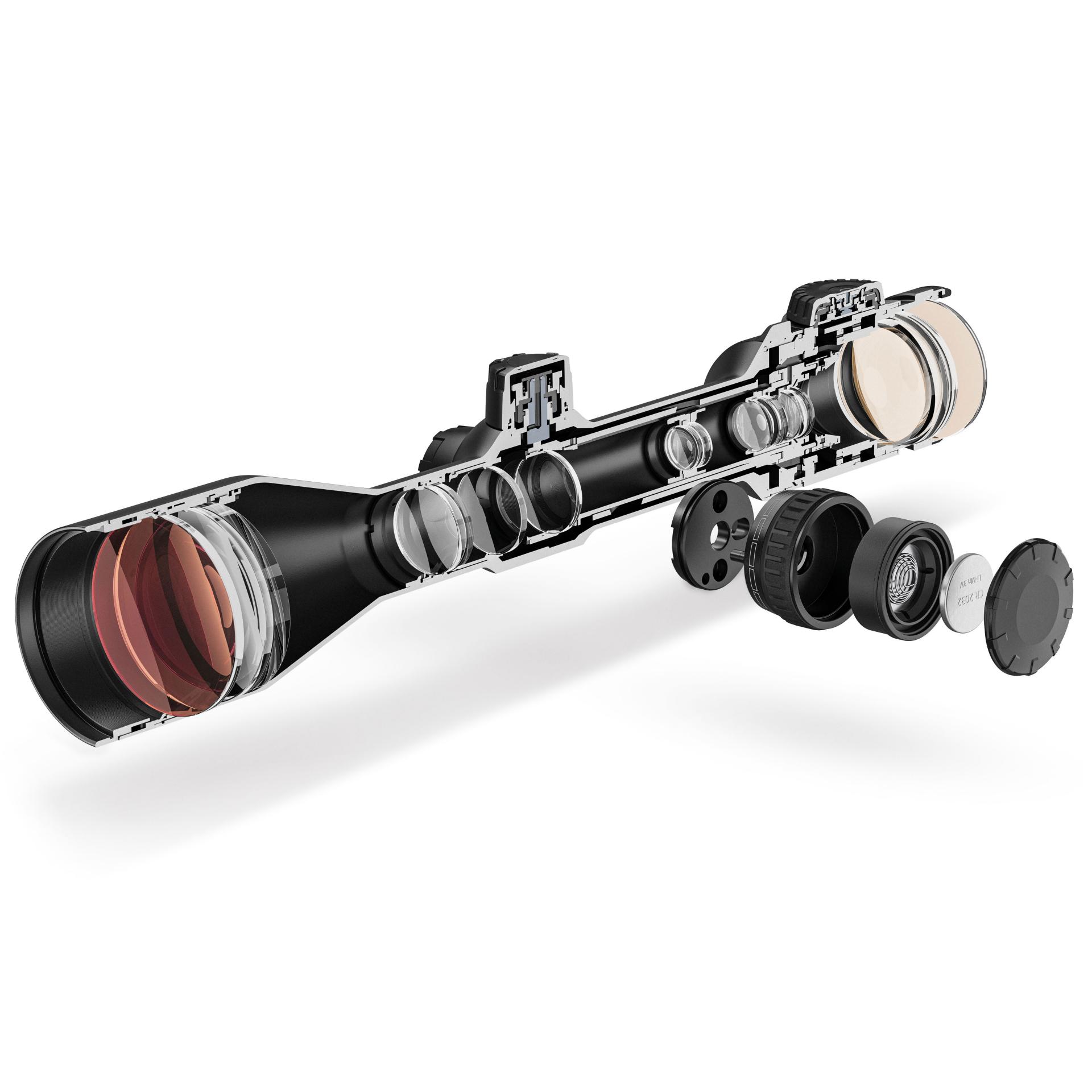 Detailed cutaway view of the ZEISS V8 riflescope showing internal lens elements and optical components.