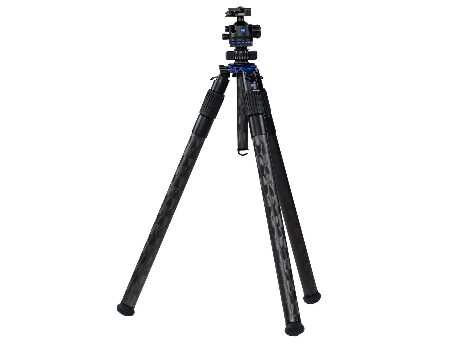 Carbon fiber tripod with adjustable legs and a fluid pan head, designed for ZEISS optical equipment.
