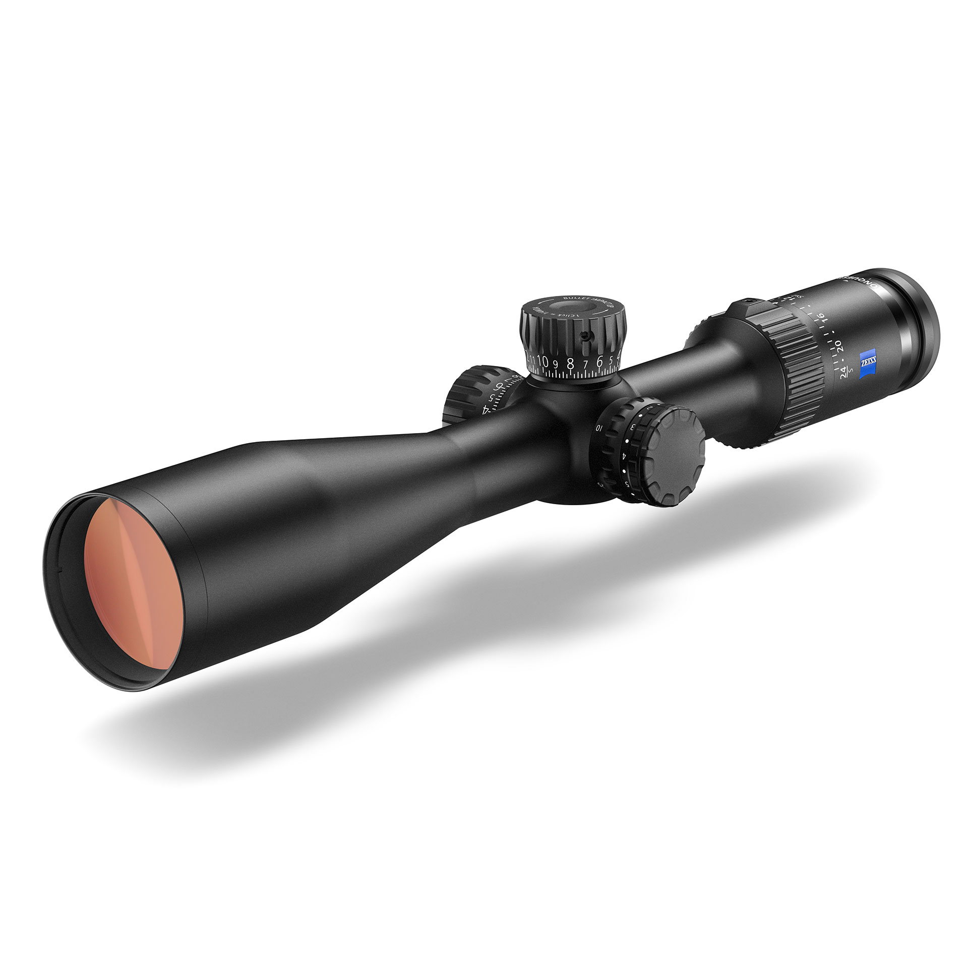 Black ZEISS riflescope with adjustable turrets and a tinted objective lens, shown on a white background.