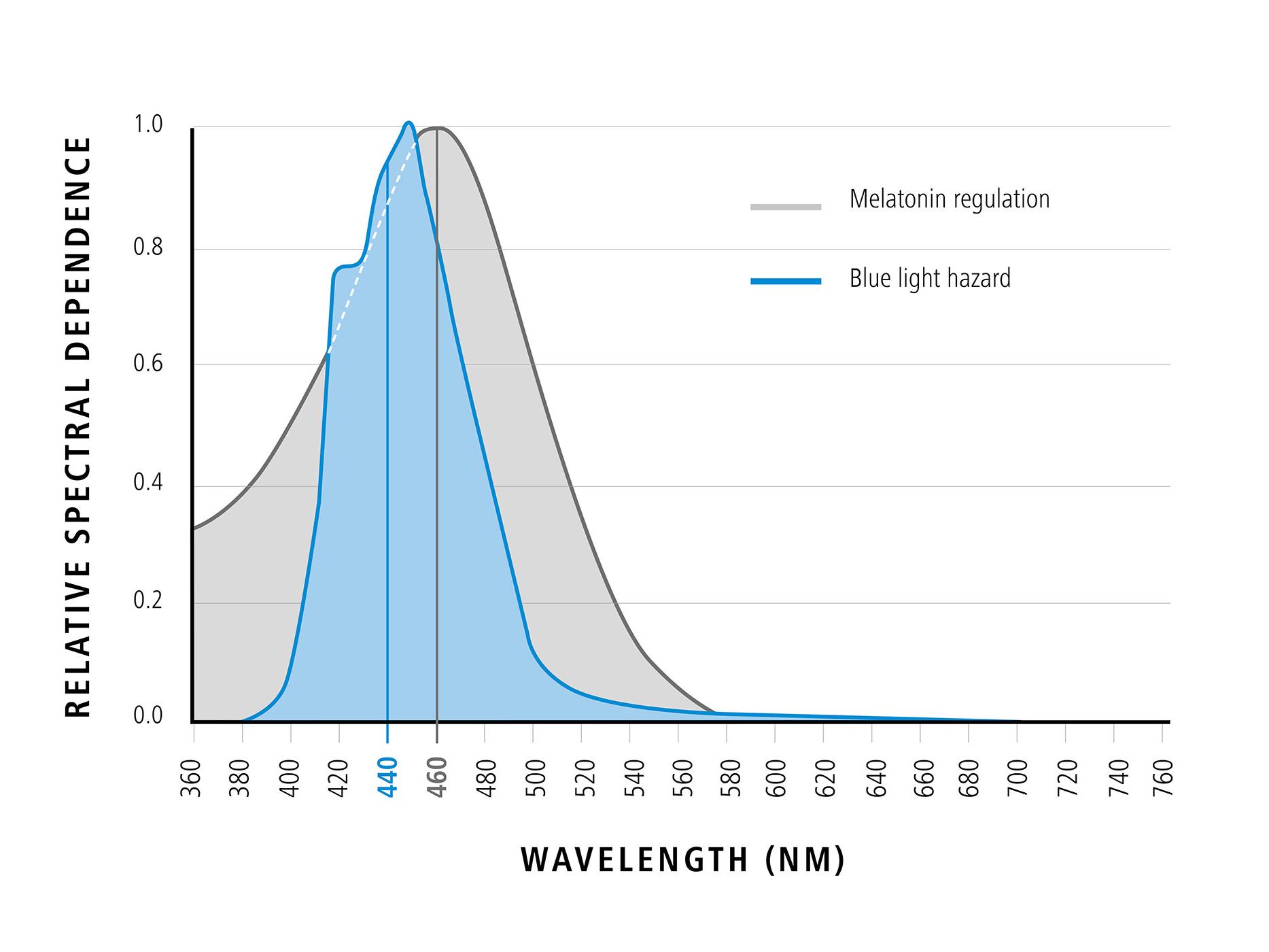 相対分光応答度に関連したブルーライトの波長を示す図（ブルーライトの良い効果） 