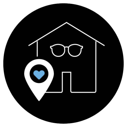 メガネをかけた眼鏡店とハートマークのついた逆しずく形アイコンのイラスト。