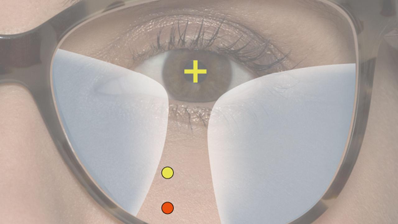 新しい、大きなフレームに従来の遠近両用レンズを組み合わせた場合、あなたはレンズの下方に位置するエリア（赤い点）でものを見ることになるので、これまでの目の動きを変えなくてはなりません。