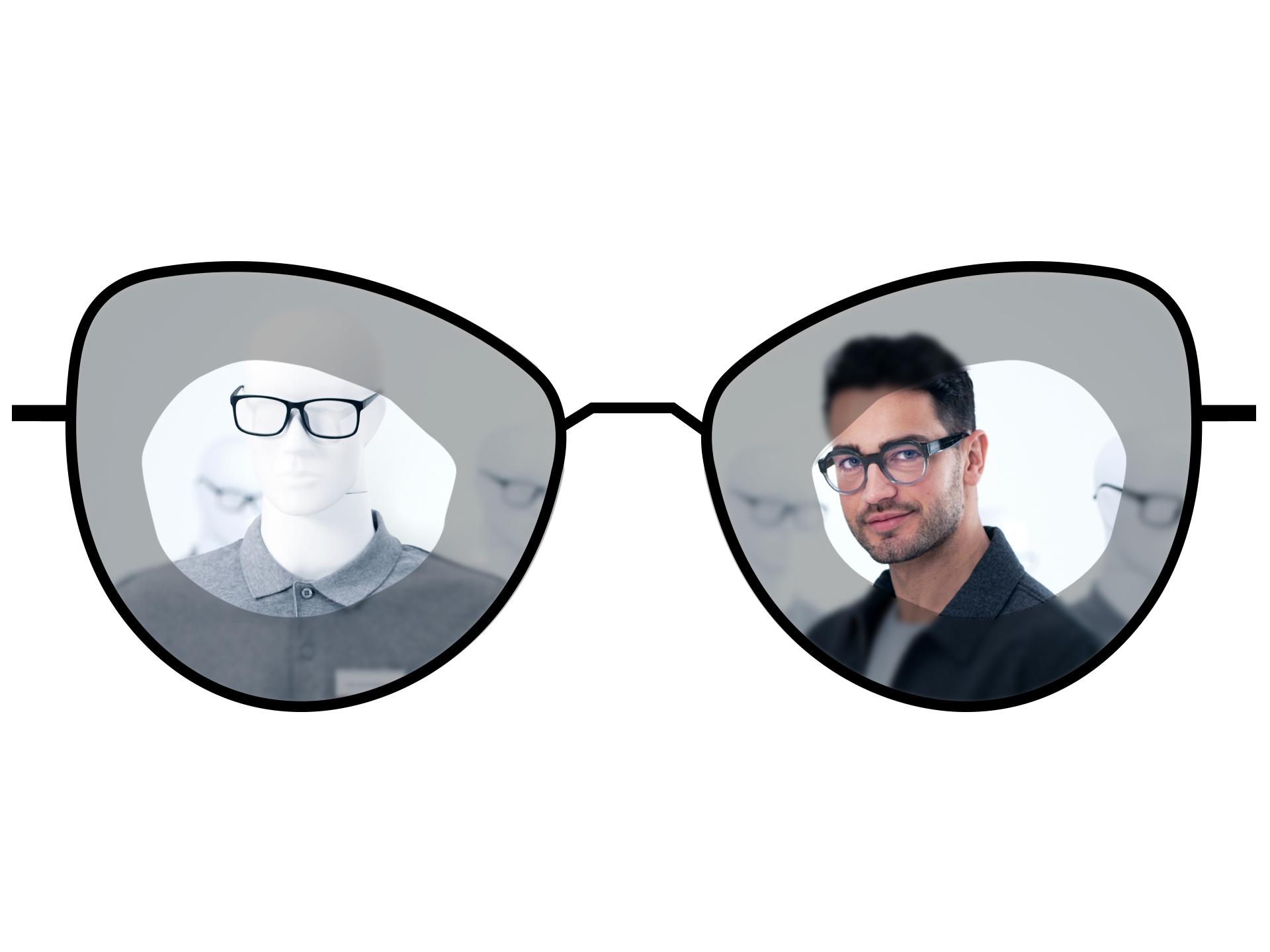 標準的な単焦点レンズのぼやけて見える範囲と、ZEISS ClearView単焦点レンズの広く明瞭に見える範囲を比較して示す、メガネのイラスト