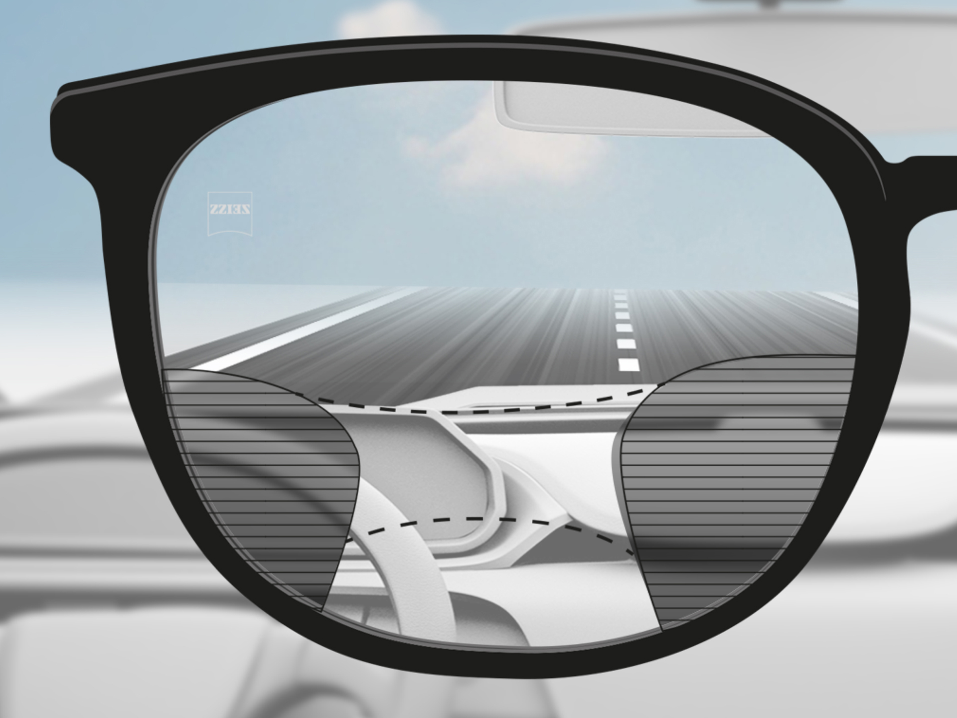 ZEISS DriveSafe累進レンズを通した視点のイメージ：視界ゾーンが調整されているため、運転者の視界は道路とダッシュボードの両方で明瞭です。