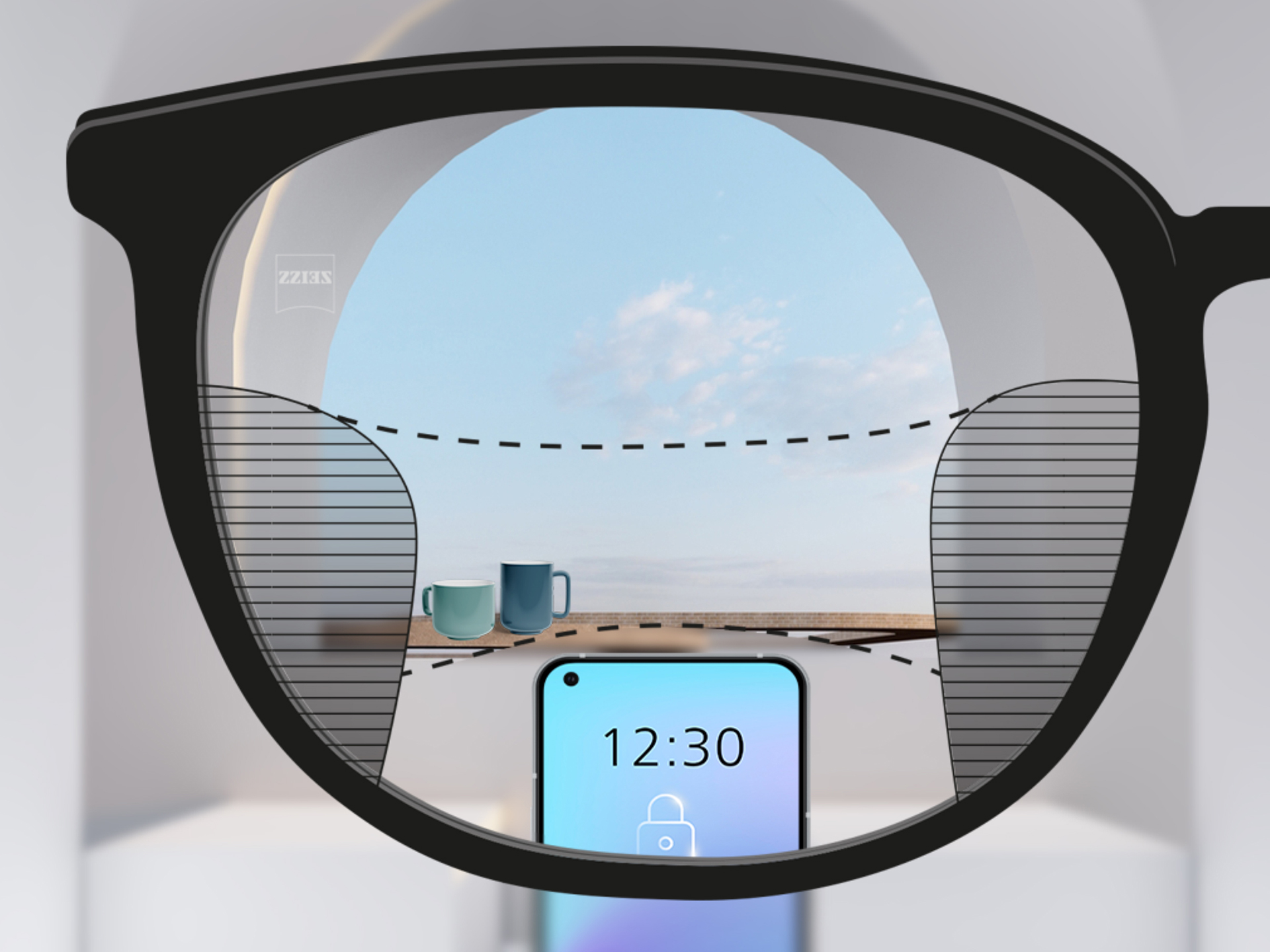 ZEISS SmartLife累進レンズを通した視点のイメージ：左右のぼやけた範囲は狭く、明瞭な視野ゾーンが広くなります。