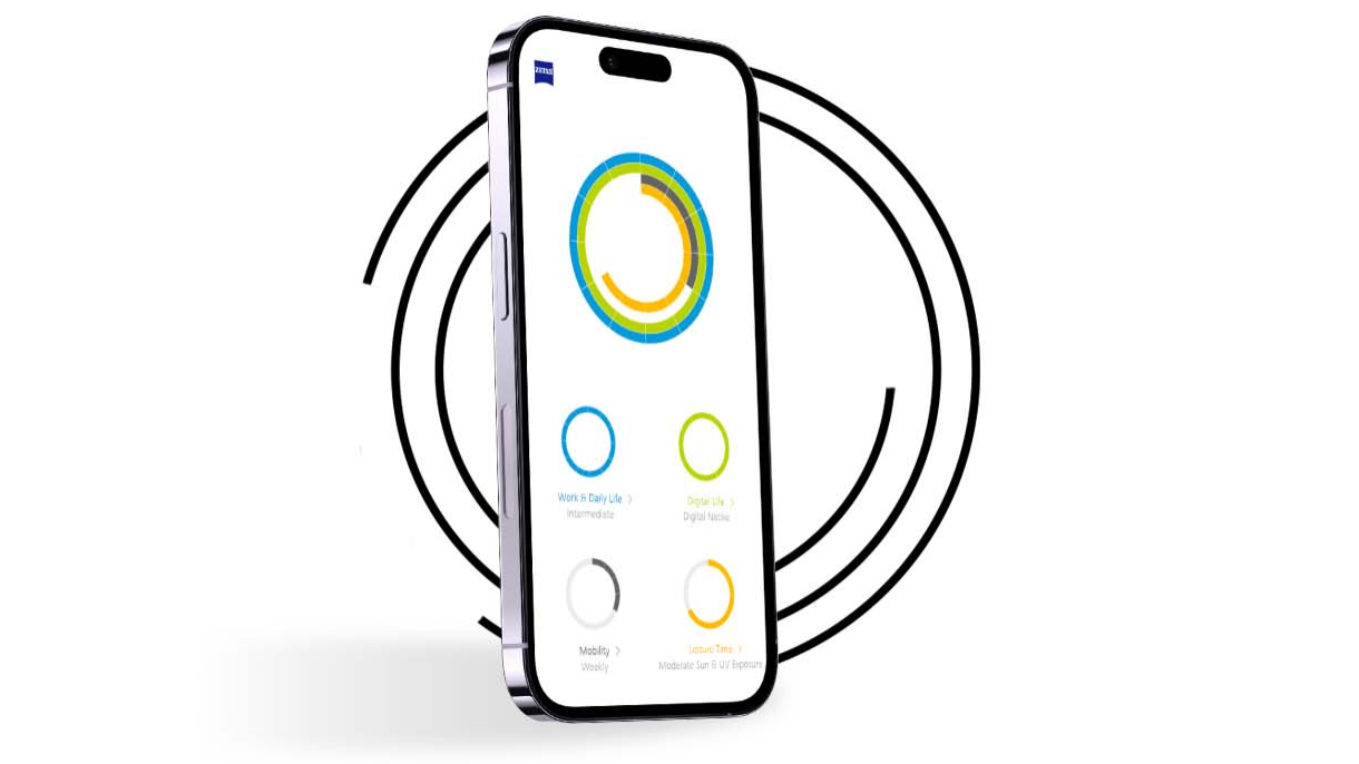 複数の黒い円の前にあるスマートフォンに、My Vision Profileユーザーの視覚プロフィールが色違いの輪で表示されている。 