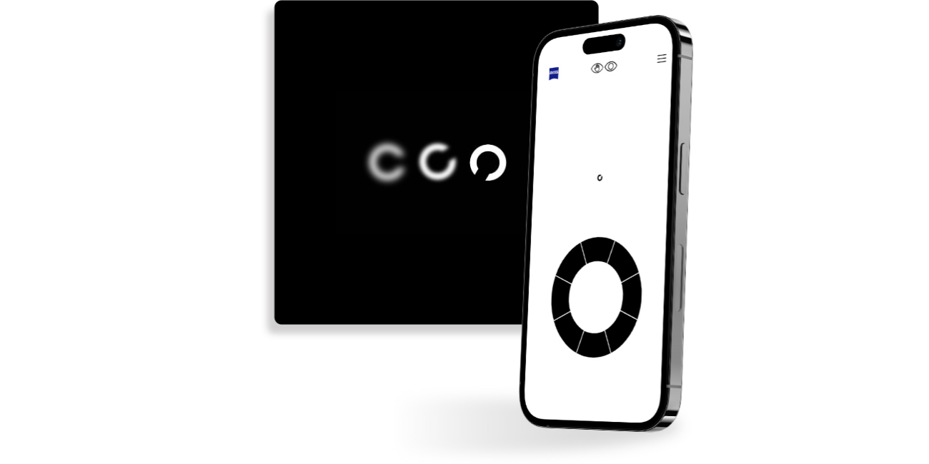 A smartphone with a screen of a ZEISS Online Vision Screening exercise, standing in front of a black square button showing differently sharp circles with an opening in different directions, commonly used at vision tests.