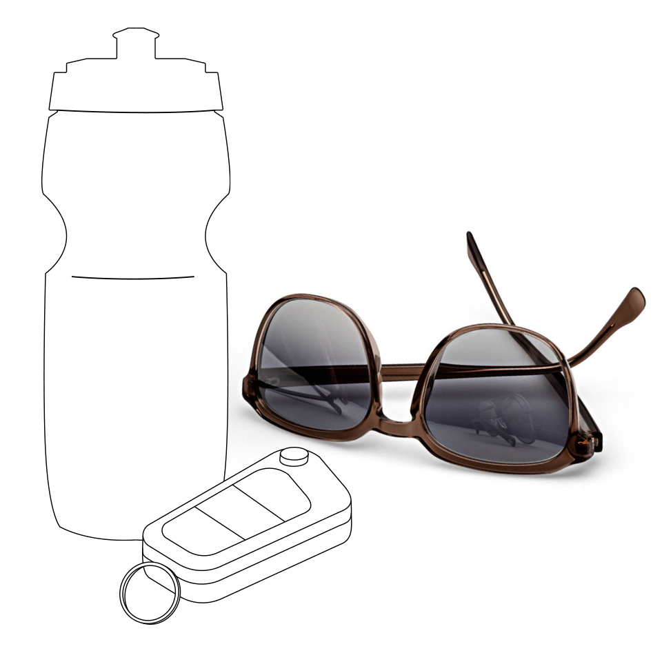 スポーツドリンクのボトルと車のキーのイラスト、その隣にグレー系のツァイス サンレンズの実物画像。