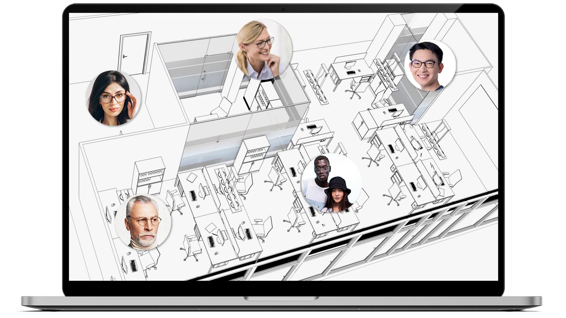 画面にオフィスのレイアウト図とノートパソコン、数名の社員が表示されている。各エリアには社員の顔が小さな円の中に表示され、全員がZEISS Officeメガネを掛けている。