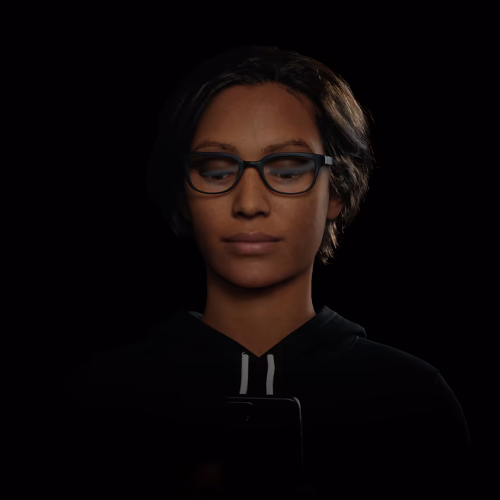 SmartLifeレンズのさまざまな部分を通して、目と頭を動かし、スマートフォンや３次元物体空間モデル内でさまざまな距離を見る人物のイラスト動画、その後、多数のデータの光の点が12.5ミリオン（1250万）のデータポイント。。