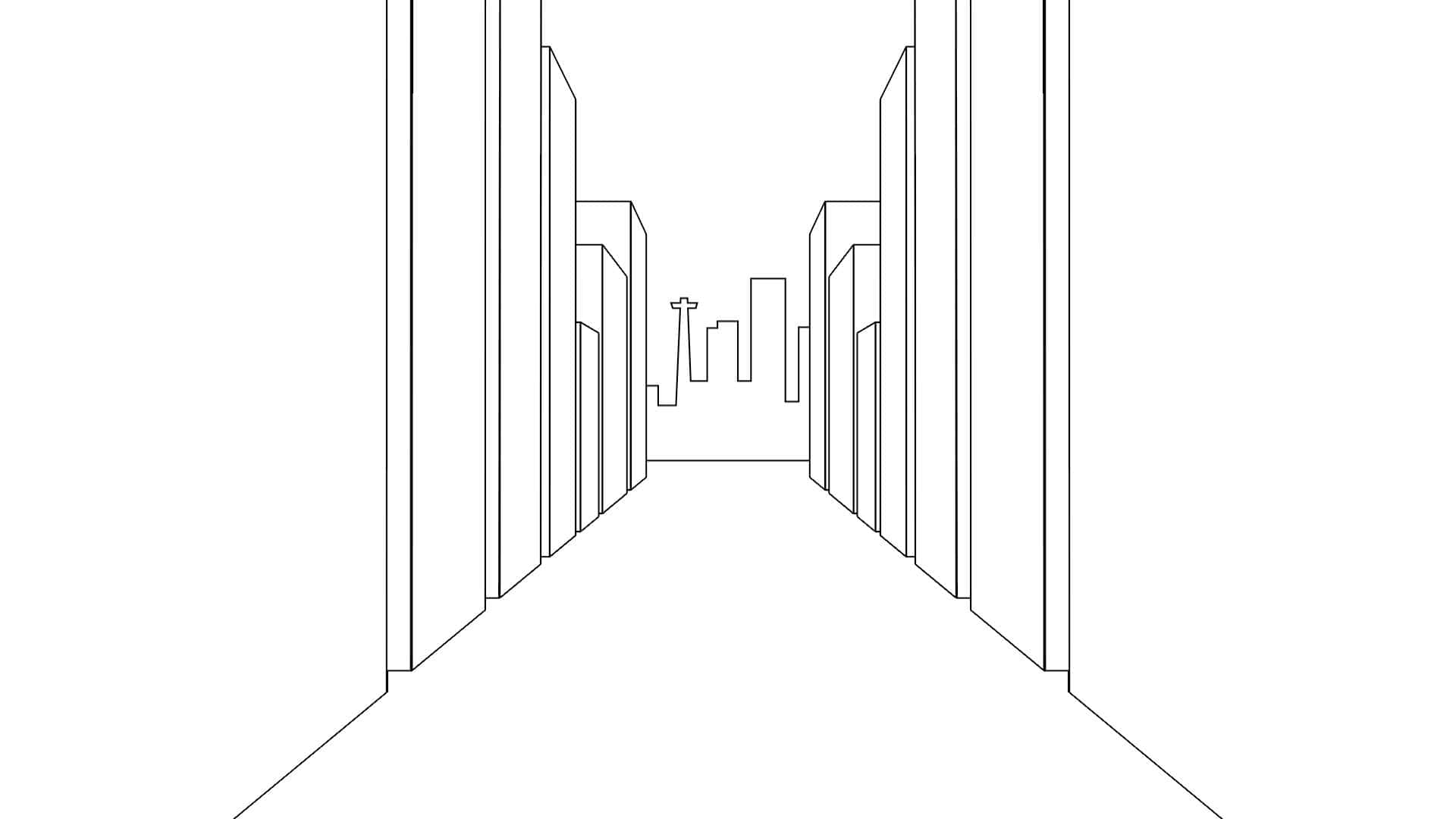 イラストで描かれた街を歩く人の視点、スマートフォンが現れる。